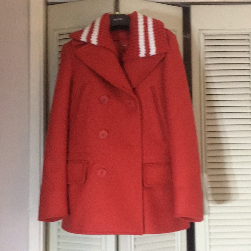 Red Melton Wool peacoat with knit collar